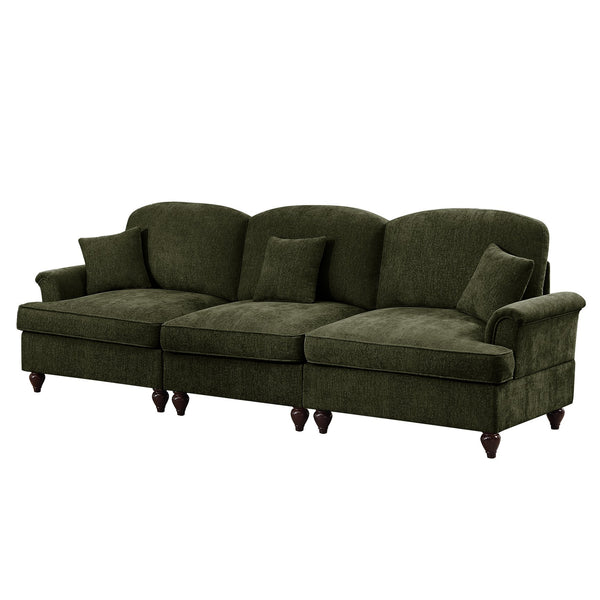English Elm Elegant Mid Century 3-Seater Sofa With Flared Arms & Removable Skirts – Versatile Green Chenille Comfort W3041S00266