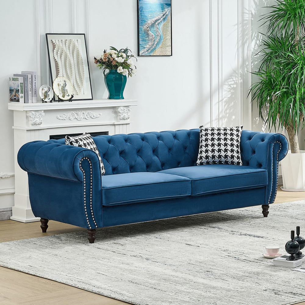 English Elm 87"Chesterfield Velvet Upholstery Sofa with Roll Armrests & Nailhead Trim, 3-Seater Luxurious Midcentury Design Blue W3373S00048