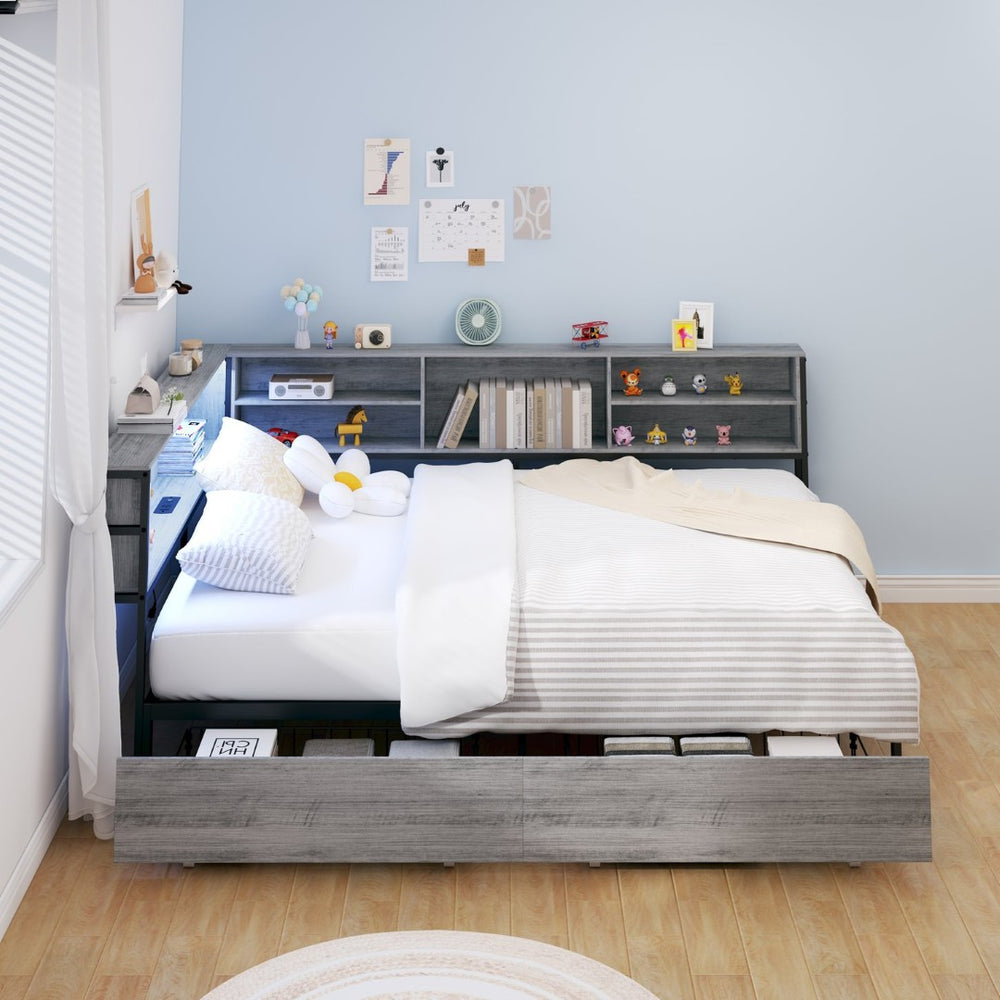 English Elm Twin Corner Daybed with Bookcase Headboard Led Lighting and Usb Charging Ports W3107P396528