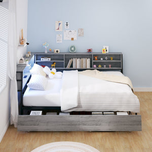 English Elm Twin Corner Daybed with Bookcase Headboard Led Lighting and Usb Charging Ports W3107P396528