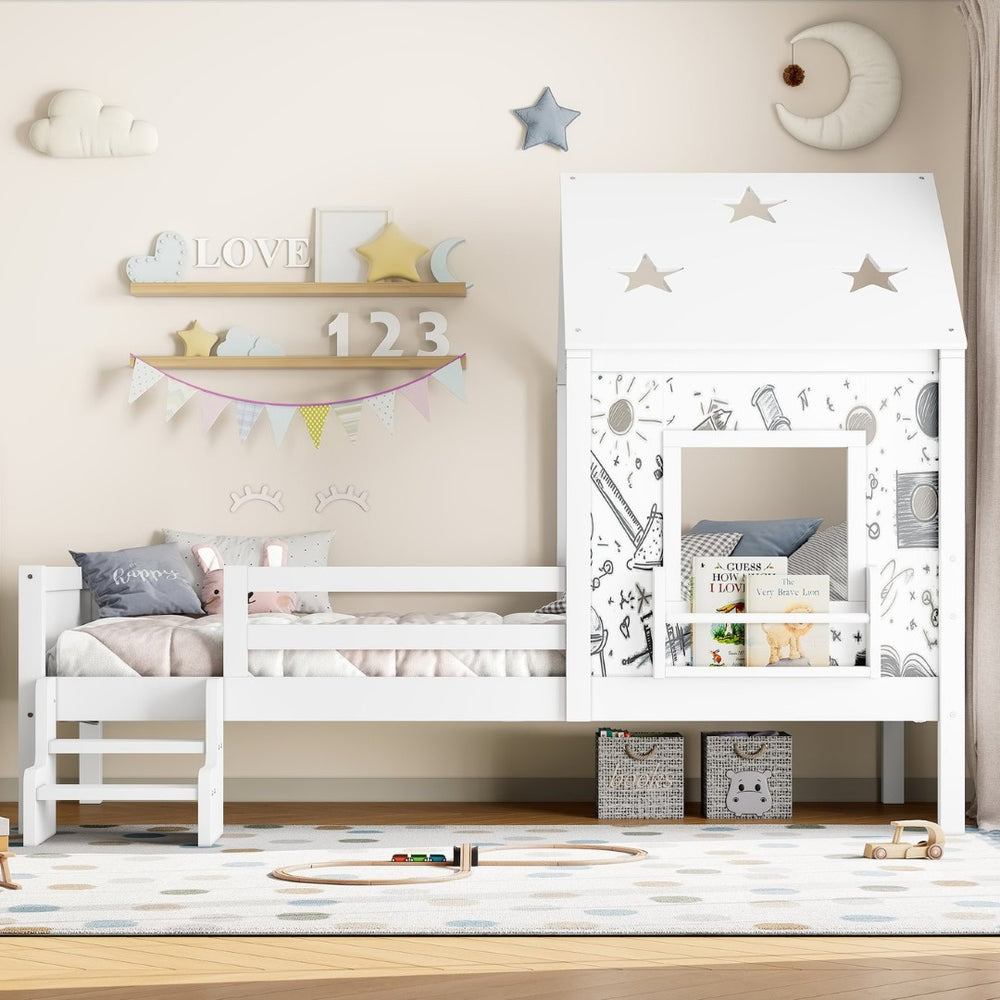 English Elm Full Bunk Bed with Trundle Bookshelf Storage Pine Frame Car Design for Kids Light White W1580S00293