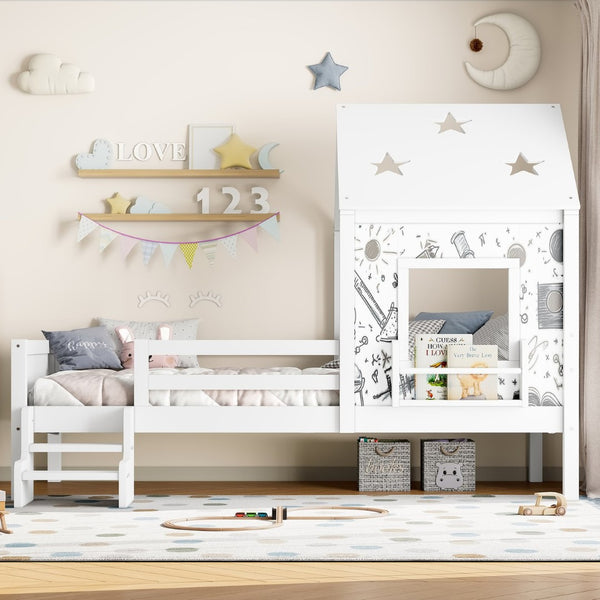 English Elm Full Bunk Bed with Trundle Bookshelf Storage Pine Frame Car Design for Kids Light White W1580S00293