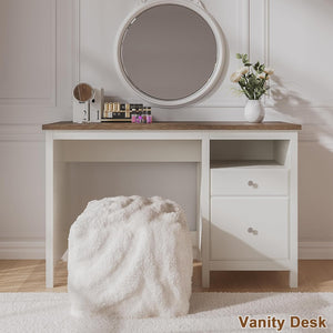 English Elm 47" Farmhouse Wood Writing Desk with Charging Station, 2 Drawers, Open Shelf & Ergonomic Workspace for Home Office and Vanity Beige+Brown T3771P351922