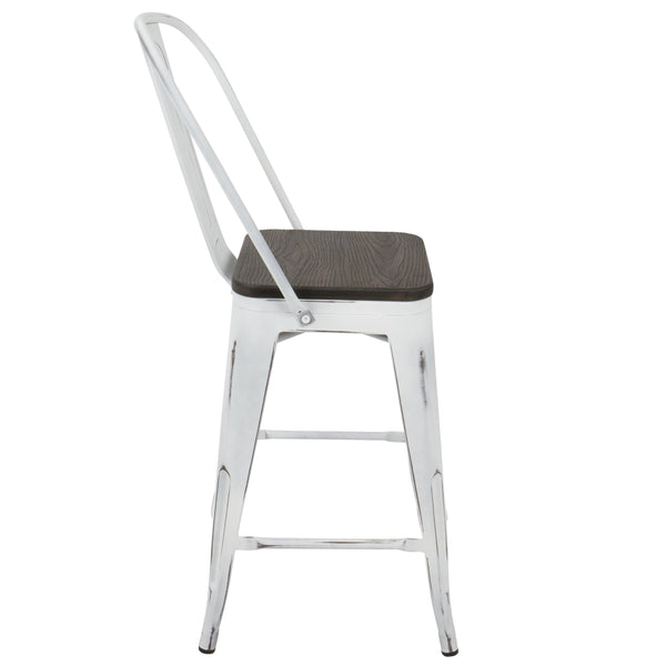 English Elm Oregon Industrial High Back Counter Stool Set of 2 — Vintage White & Espresso, Steel Frame, Bamboo Seats, Rustic Charm B202P222416