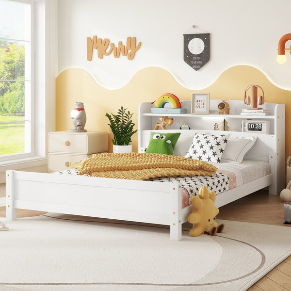 English Elm Full Pine Wood Bed with Bookcase Headboard and LED Motion Sensor Light, Guardrails & Storage Space White W504P277600