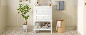 English Elm 24'' Retro Bathroom Vanity Mdf Cabinet with Ceramic Sink Open Shelf and 2 Drawers White N710P405414K