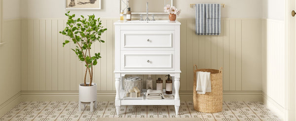 English Elm 24'' Retro Bathroom Vanity Mdf Cabinet with Ceramic Sink Open Shelf and 2 Drawers White N710P405414K
