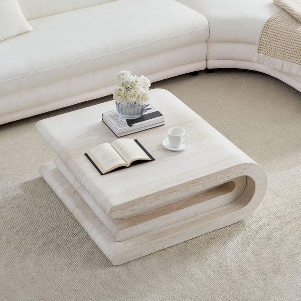 English Elm 33.86 Inch Square Faux Travertine Coffee Table Sculptural Tiered Base Living Room W2582P425211