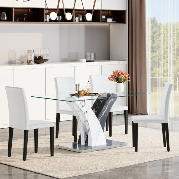 English Elm Table Set: Modern Dining Table With Glass Top & Artistic Legs Paired With 4 Comfortable Pu Chairs W1151S03810-GIGA