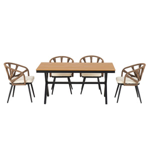 English Elm U_Style Modern Outdoor Dining Set with PE Rattan Chairs & Durable Plastic Wood Table, Sturdy Brown WY000438AAE