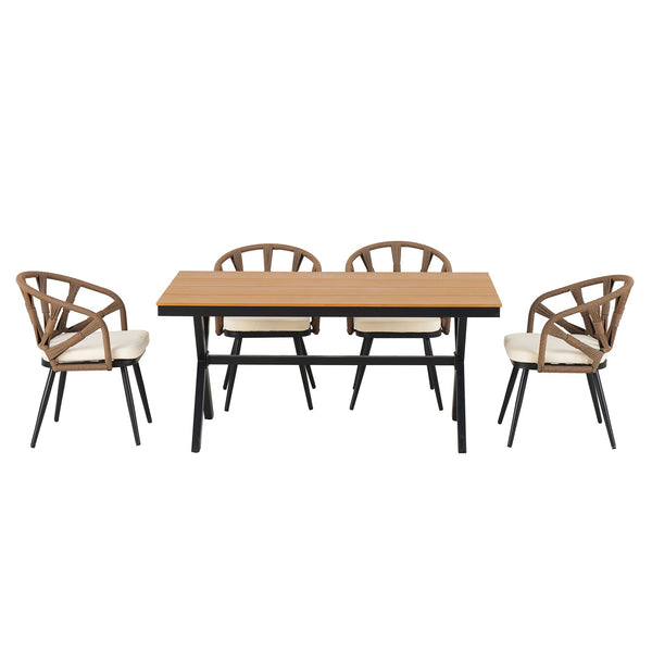 English Elm U_Style Modern Outdoor Dining Set with PE Rattan Chairs & Durable Plastic Wood Table, Sturdy Brown WY000438AAE