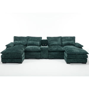 English Elm Modern U-Shaped Sofa With Console, Cupholders & Usb Ports - Stylish 6-Seat Sleeper Couch Set In Green W2100S00167