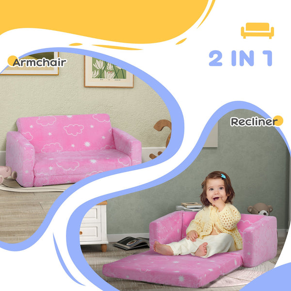 English Elm Qaba Glow-in-the-Dark 2-in-1 Kids Sofa Chair — Convertible Fold-Out Toddler Couch, Washable Cover Pink W2225P229324