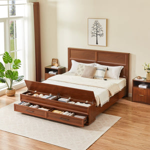 English Elm Queen Storage Bed with Geometric 3d Headboard Four Drawers and Walnut Finish W1820S00056