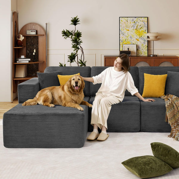 English Elm 109" Cloud Modular Sectional Corduroy Sofa Deep Seat L-shape Chaise for Living Room Grey W1521S00090