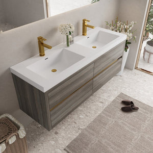 English Elm 60'' Floating Wall Mount Vanity Dual Quartz Basins Smoked Walnut Fluted Cabinet Grey Ash W1920P385582