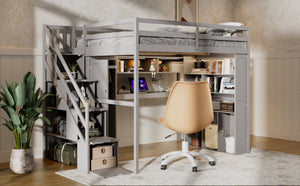 English Elm Full Loft Bed with Integrated Wardrobe Desk Shelving and Led Lighting for Teen Rooms Grey LT000927AAE