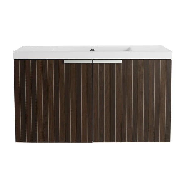 English Elm 36 Inch Silver-Brown Stripe Wall-Mounted Vanity with Resin Sink, Soft-Close Doors & Spacious Storage W999P204953