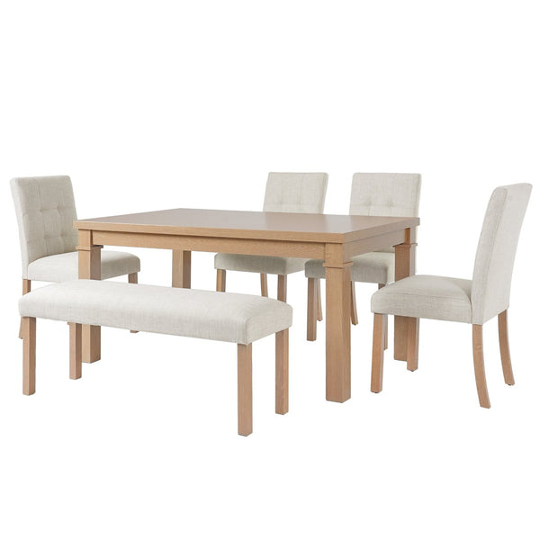 English Elm 6-piece Rectangular Dining Set with Wood Grain Table Four Upholstered Chairs and Bench Natural N752S000012N