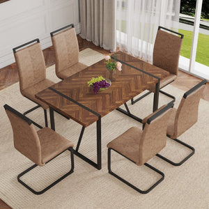 English Elm Table And Chair Set - Retro Rectangular Dining Table With Fishbone Mdf Top & 6 Stylish Brown Chairs W1151S03141-GIGA