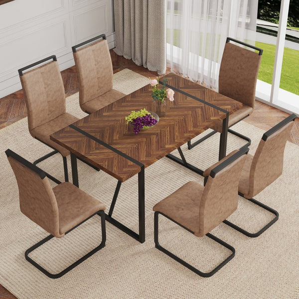 English Elm Table And Chair Set - Retro Rectangular Dining Table With Fishbone Mdf Top & 6 Stylish Brown Chairs W1151S03141-GIGA