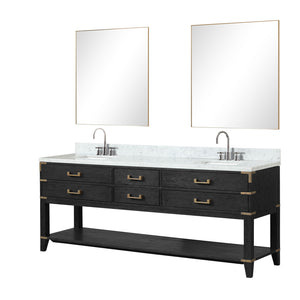 English Elm Black Oak Double Bath Vanity 84" With Carrara Marble Top & 36" Mirrors - Elegant Storage Solution! B2731S02169