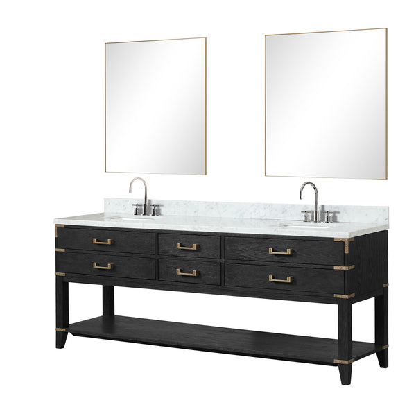 English Elm Black Oak Double Bath Vanity 84" With Carrara Marble Top & 36" Mirrors - Elegant Storage Solution! B2731S02169