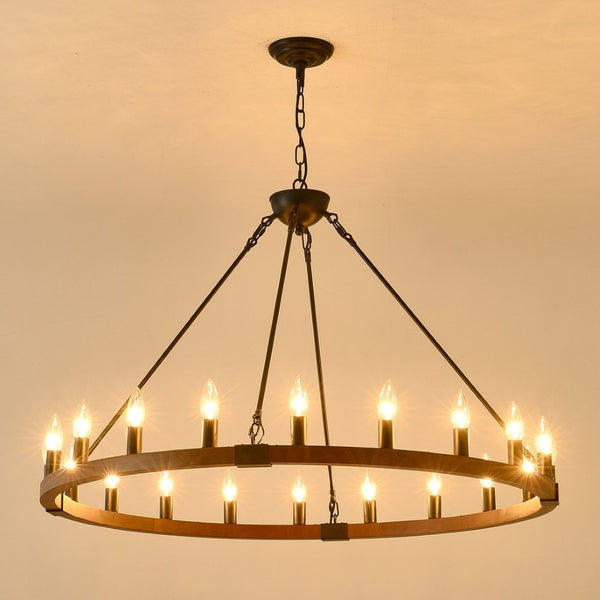 English Elm 39.3 Inch Wood Wagon Wheel Chandelier with Seeded Glass Shades 20-light Farmhouse W5008P464781