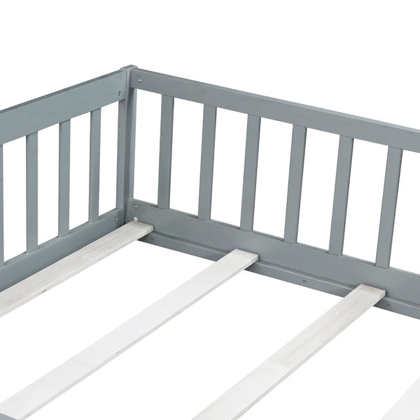 English Elm Twin Solid Rubberwood Floor Bed with Full Perimeter Safety Rails for Toddler Rooms Grey W504P296784