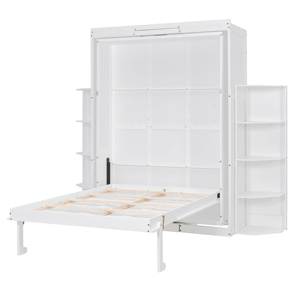 English Elm Rotating Murphy Wall Bed with Convertible Desk Dual Side Shelves Full Size Mdf Cabinet White LP000961AAK