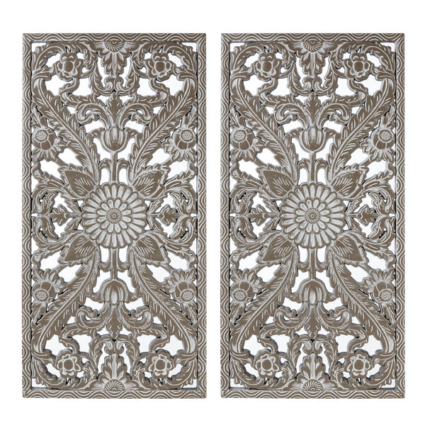 English Elm 2 Pcs Botanical Wall Panels - Distressed Carved Wood Decor Set For Rustic Elegance In Any Space B035P366542