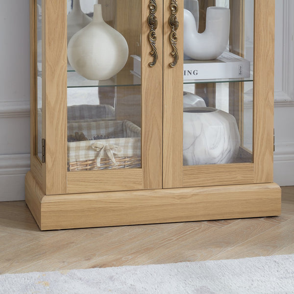 English Elm Lighted Glass Curio Display Cabinet with Quiet Hinge, Internal LED Lighting, Adjustable Shelves, Vintage Carved Handle Light Oak W2275P199811