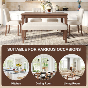 English Elm 6-piece Rectangular Dining Set with Wood Grain Table Four Upholstered Chairs and Bench Walnut N752S000012D