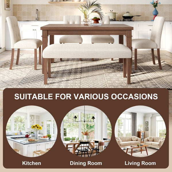English Elm 6-piece Rectangular Dining Set with Wood Grain Table Four Upholstered Chairs and Bench Walnut N752S000012D