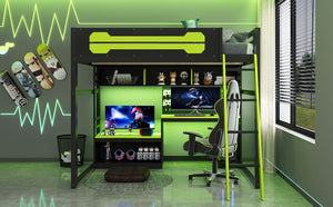 English Elm Full Size Gaming Loft Bed with Built-in Desk Led Lighting Usb Ports and Pegboard Black+Green LT000270AAG