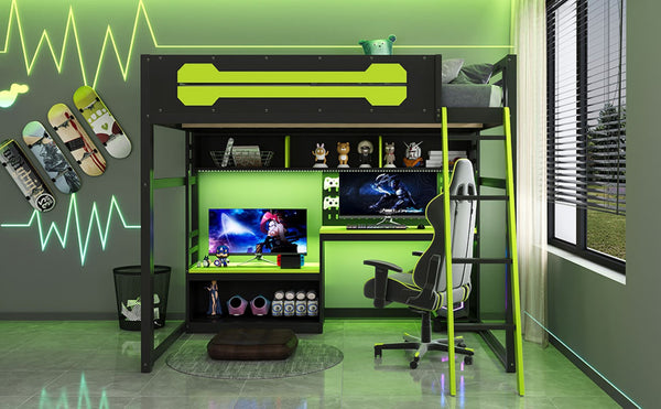 English Elm Full Size Gaming Loft Bed with Built-in Desk Led Lighting Usb Ports and Pegboard Black+Green LT000270AAG