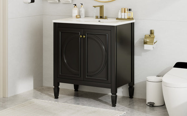English Elm Christopher Knight Home® - 30" Bathroom Vanity with Sink Vintage Freestanding Ceramic Top Soft-Close Doors Gold Knobs, Storage Black N759P226000B