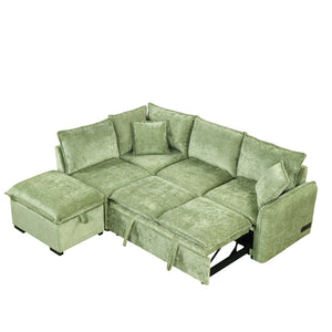English Elm 82.67"Convertible Sofa Bed Sectional with Storage Ottoman, Power Sockets & USB Ports, Chenille Comfort Green SG001450AAF