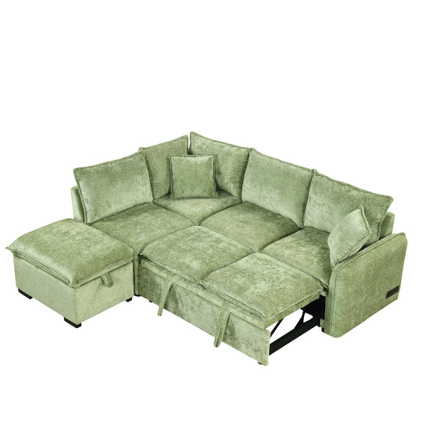 English Elm 82.67"Convertible Sofa Bed Sectional with Storage Ottoman, Power Sockets & USB Ports, Chenille Comfort Green SG001450AAF