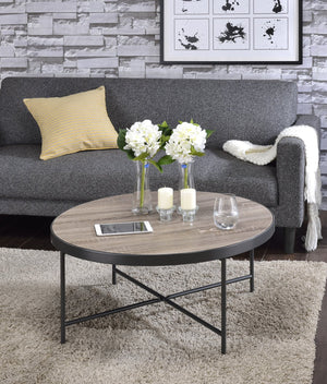 English Elm Bage Weathered Gray Oak Round Coffee Table with Metal Trim & X-Leg Support — Industrial Chic B2726P281462