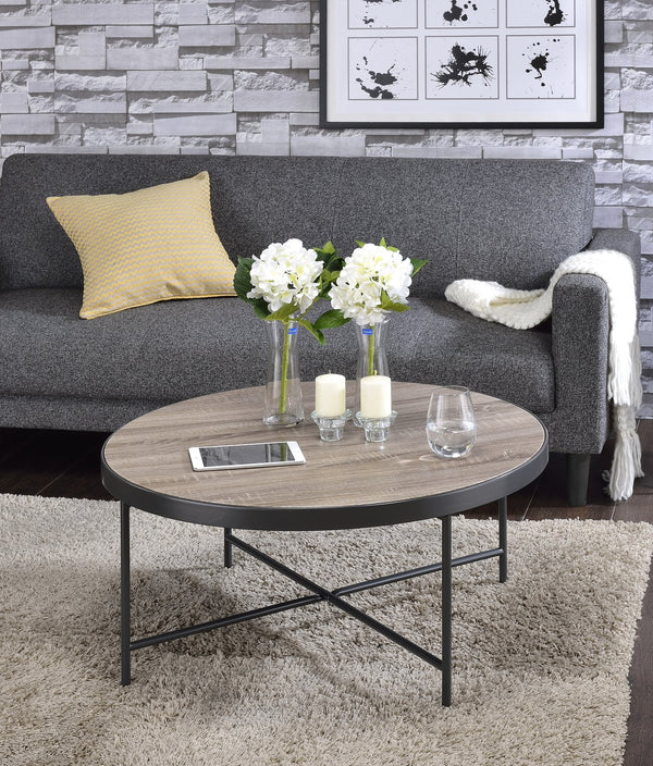English Elm Bage Weathered Gray Oak Round Coffee Table with Metal Trim & X-Leg Support — Industrial Chic B2726P281462