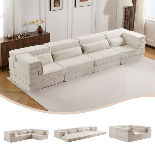 English Elm Compression Modular Sofa Bed - Soft Fleece 4-Seater, Versatile, No-Assembly, Memory Foam Comfort W3723S00031