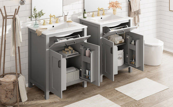 English Elm Modern 48 Inch Freestanding Bathroom Vanity Dual Ceramic Sinks Soft Close Gold Handles Grey N729P000008E