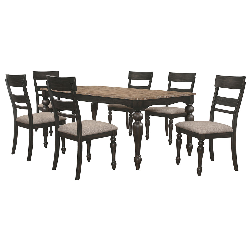 English Elm Kyle Brown 7-Piece Charcoal Sandthrough Dining Set With Upholstered Seats For Classic Elegance B062S01264