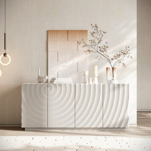 English Elm Buffet Sideboard with 3d Wave Textured Doors Wide Storage Cabinet for Dining Room W2263P410055