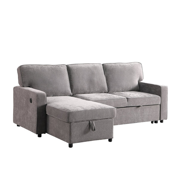 English Elm Upholstery Grey Sectional Sofa Bed with Storage Chaise, Built-in USB, Cup Holders, Chenille Comfort W1099S00151