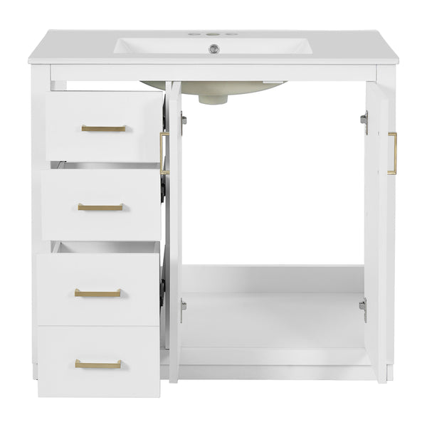 English Elm 36'' Bathroom Vanity with Ceramic Sink Combo, Solid Wood Frame, Soft-Close Drawers and Stylish Retro Groove Design White N710P291684K