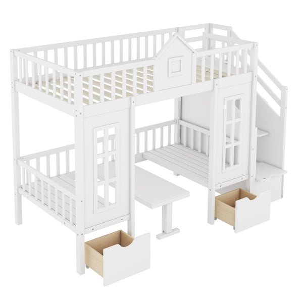 English Elm Twin-over-twin Bunk Bed Convertible Lower Desk Solid Pine Kids Bedroom Space Saver White LT000681AAK-1