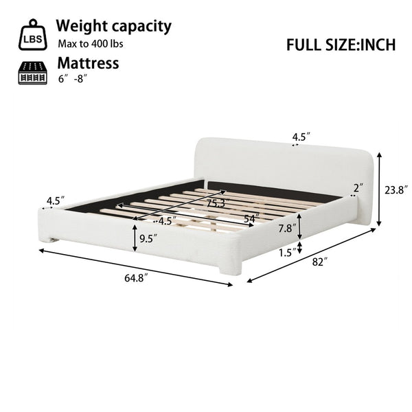 English Elm [cozy White Boucle Platform Bed Low Profile Upholstered Frame for Modern Bedrooms N769P365684A