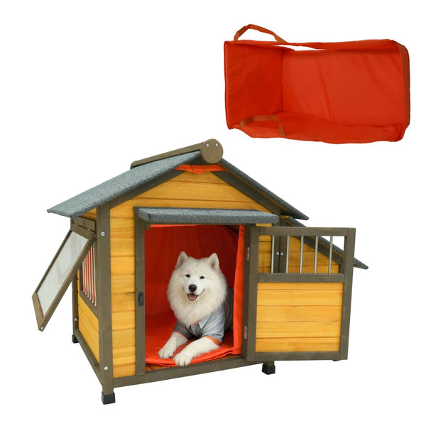English Elm 50" Solid Wood Outdoor Dog Kennel Insulated Shelter with Shingled Roof for Small Breeds W1431P421934